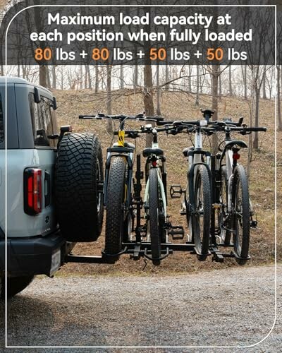 SUV with a bike rack carrying four bicycles, displaying load capacity.