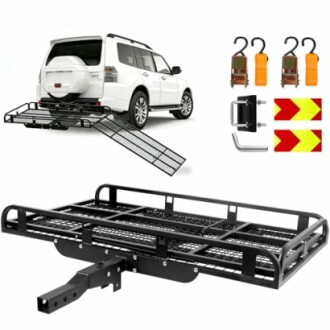 SUV with rear cargo carrier and ramp, accessories included.