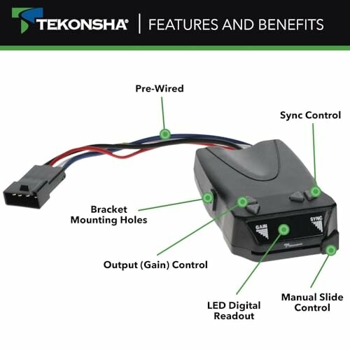 Tekonsha brake controller with labeled features including wiring, controls, and digital readout.