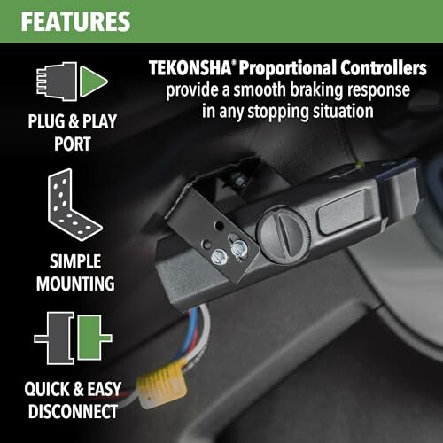 Tekonsha proportional controllers with plug and play port, simple mounting, and quick disconnect features.