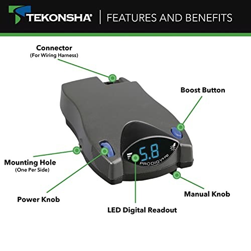 Tekonsha Prodigy P2 trailer brake controller with labeled features including connector, boost button, manual knob, LED digital readout, power knob, and mounting hole.