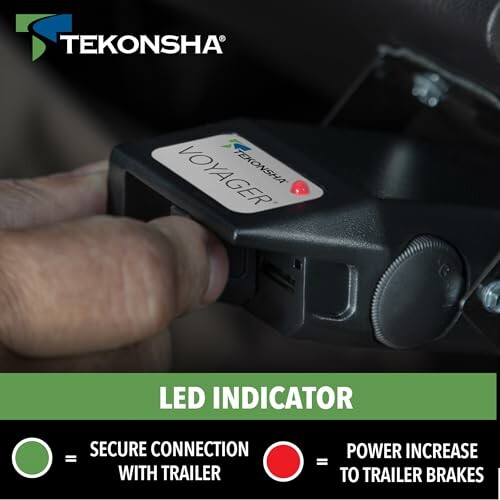 Tekonsha Voyager brake controller showing LED indicators for trailer connection and brake power.