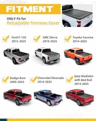 Fitment guide for retractable tonneau cover for various truck models.