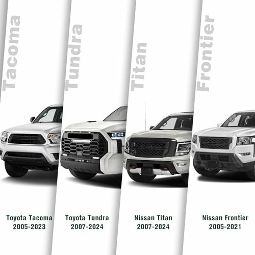 Comparison of Toyota Tacoma, Tundra, Nissan Titan, and Frontier models from various years.