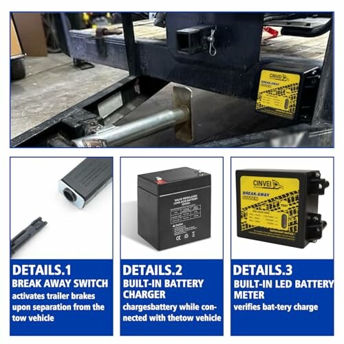 Trailer brake system components including break away switch, battery charger, and LED battery meter.