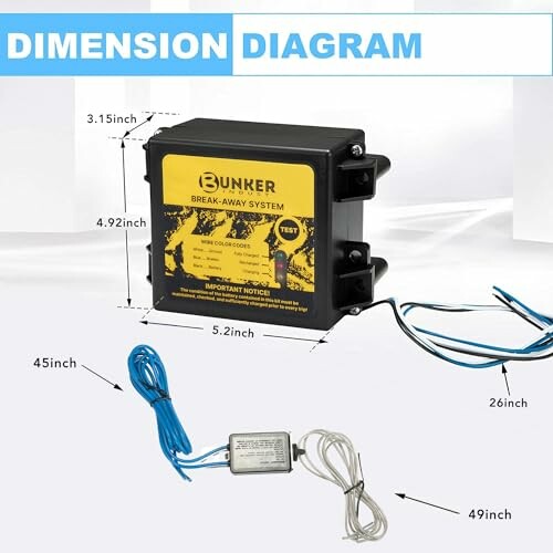 Diagram of a trailer breakaway system with dimensions labeled.