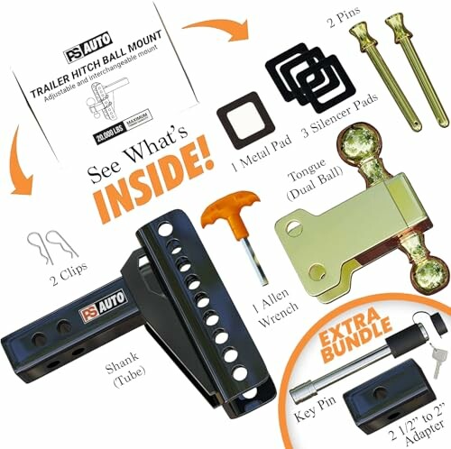 Trailer hitch ball mount kit contents including shank, tongue, pins, clips, wrench, and adapter.