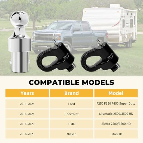 Trailer hitch with compatible vehicle models listed.