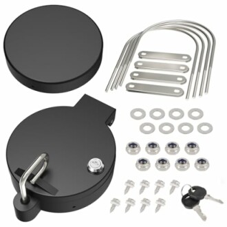 Trailer hitch lock kit with components including keys, screws, and washers.
