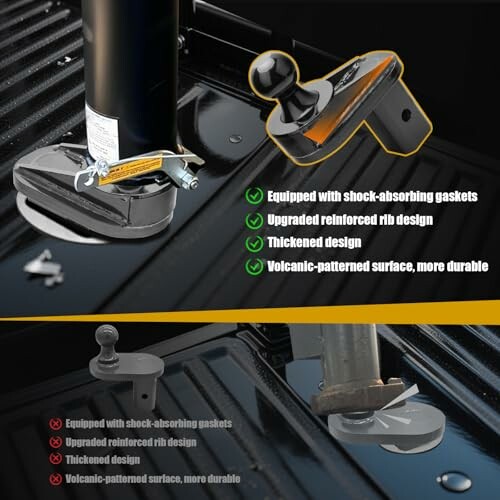 Trailer hitch with shock-absorbing gaskets and reinforced rib design.