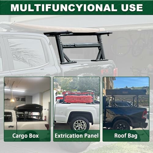 Truck with multifunctional accessories including cargo box, extrication panel, and roof bag.