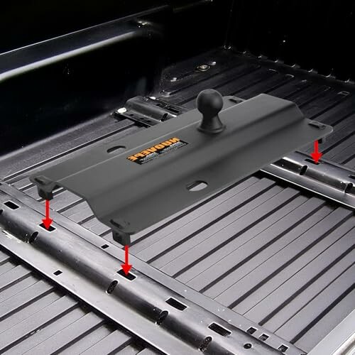 Truck bed hitch mount installation with arrows indicating attachment points.