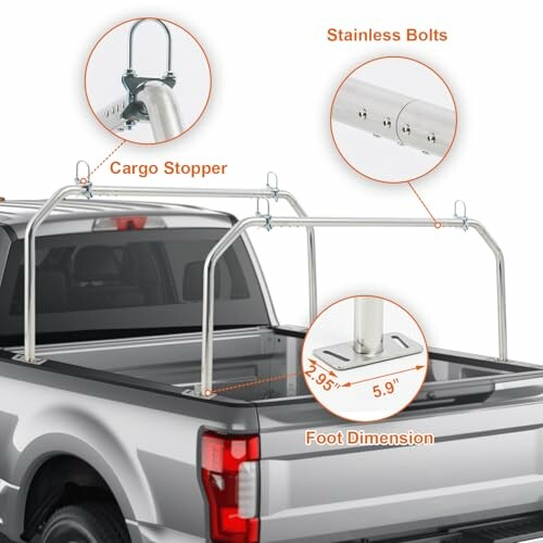 Truck bed ladder rack with stainless bolts and cargo stopper.