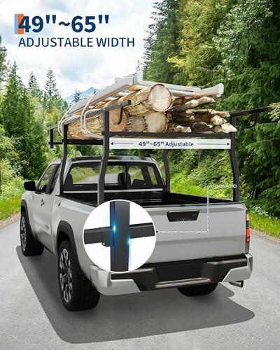 Truck with adjustable lumber rack carrying wood.