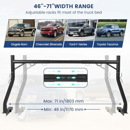 Adjustable truck bed racks with 46-71 inch width range for various models.