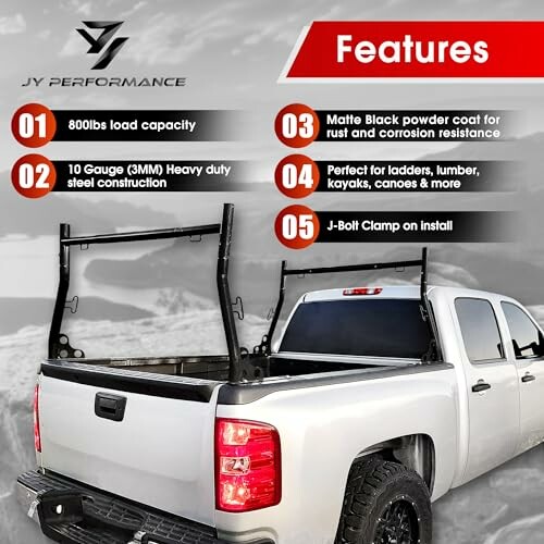 Truck with JY Performance bed rack and feature list