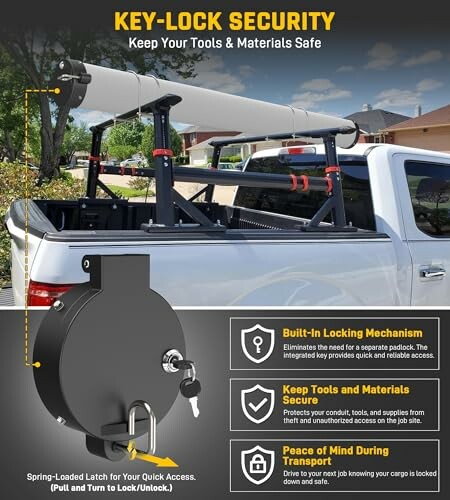 Truck with a secure locking mechanism for tool safety.