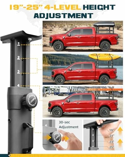 Truck with adjustable rack height and kayak.