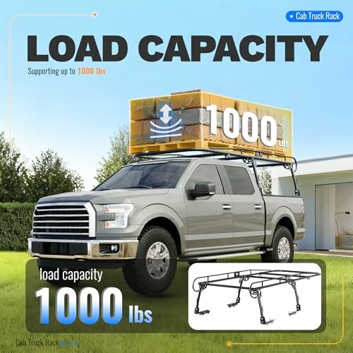 Truck with roof rack supporting 1000 lbs load capacity.
