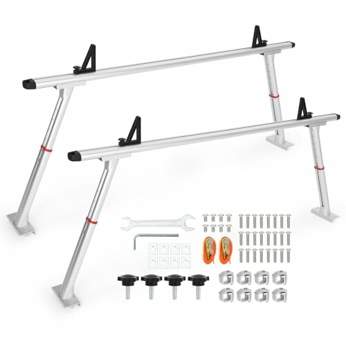 Aluminum truck ladder rack with installation accessories.