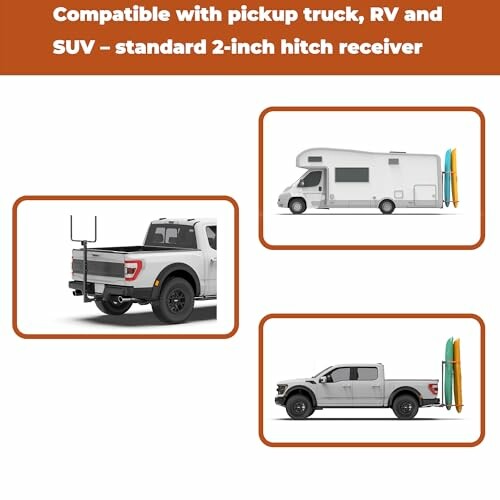 Vehicles with hitch receiver compatibility: pickup truck, RV, SUV.