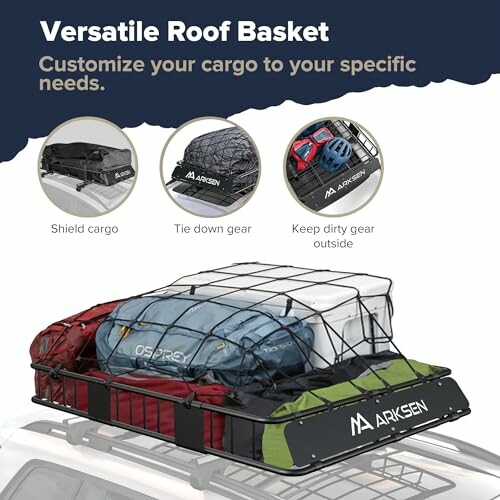 Versatile roof basket with cargo, featuring shield, tie down, and gear storage.