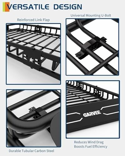 Various features of a versatile roof rack design including reinforced link flap, universal mounting U-bolt, durable tubular carbon steel, and wind drag reduction.