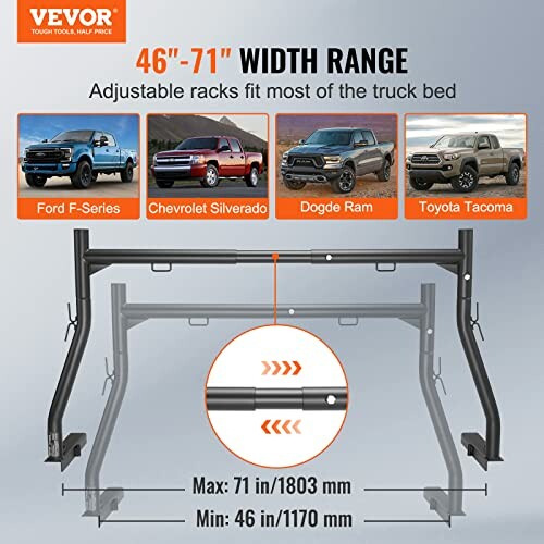 Vevor adjustable truck bed rack for various models with 46-71 inch width range.