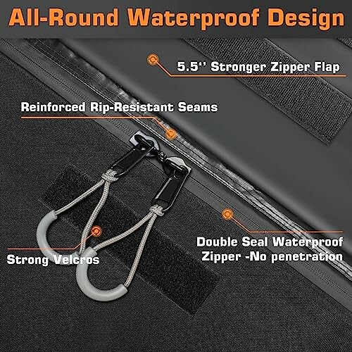 Waterproof design with zipper flap, reinforced seams, strong Velcro, and double seal zipper.