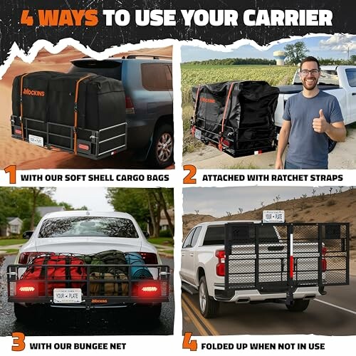 Four ways to use a cargo carrier with different accessories and setups.